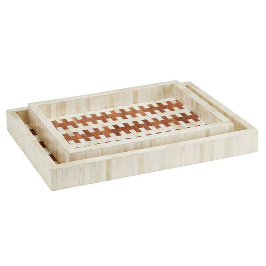 Decor * | Dawn Modern White Bone Brown Wood Brick Pattern Decorative Tray Set Of 2 Special