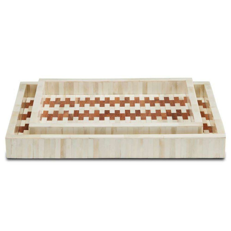 Decor * | Dawn Modern White Bone Brown Wood Brick Pattern Decorative Tray Set Of 2 Special