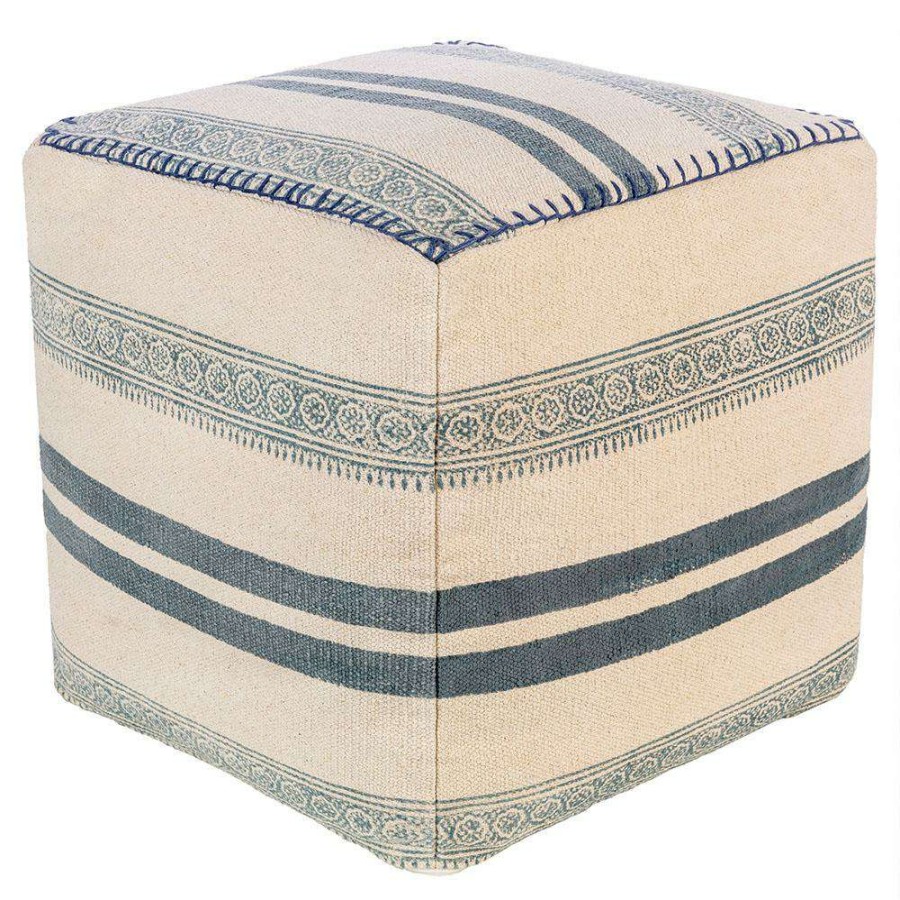 Decor * | Shibi Global Bazaar Cream Cotton Blue Print Square Pouf New Arrivals