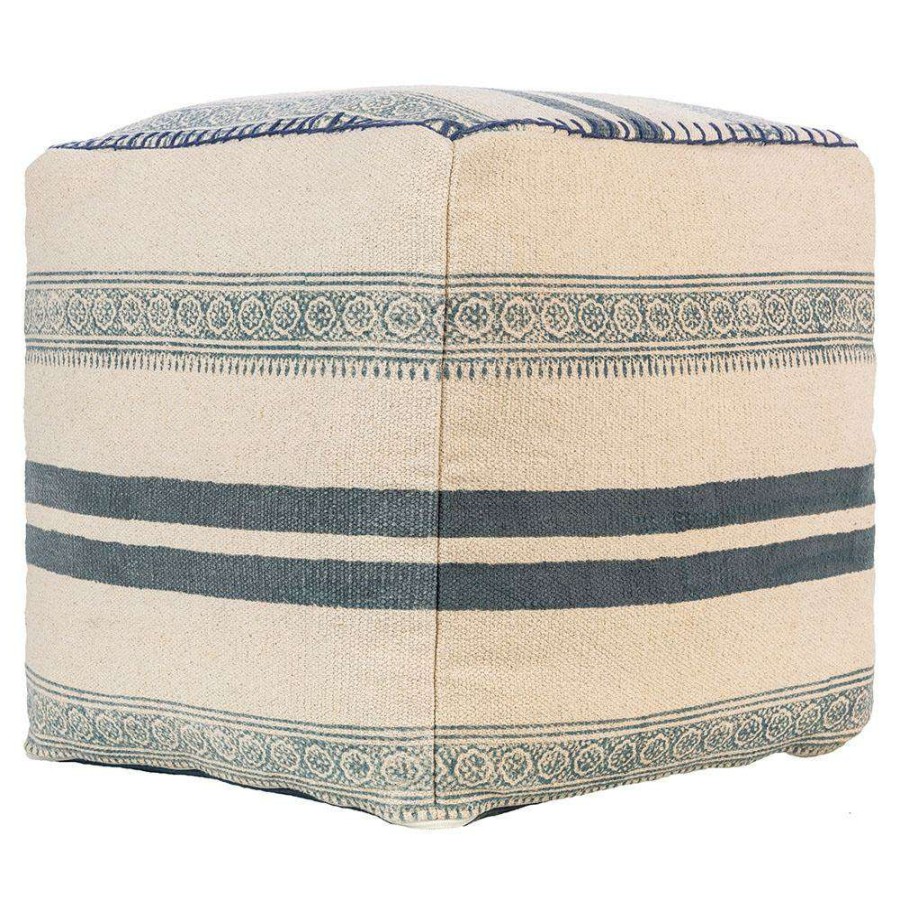 Decor * | Shibi Global Bazaar Cream Cotton Blue Print Square Pouf New Arrivals