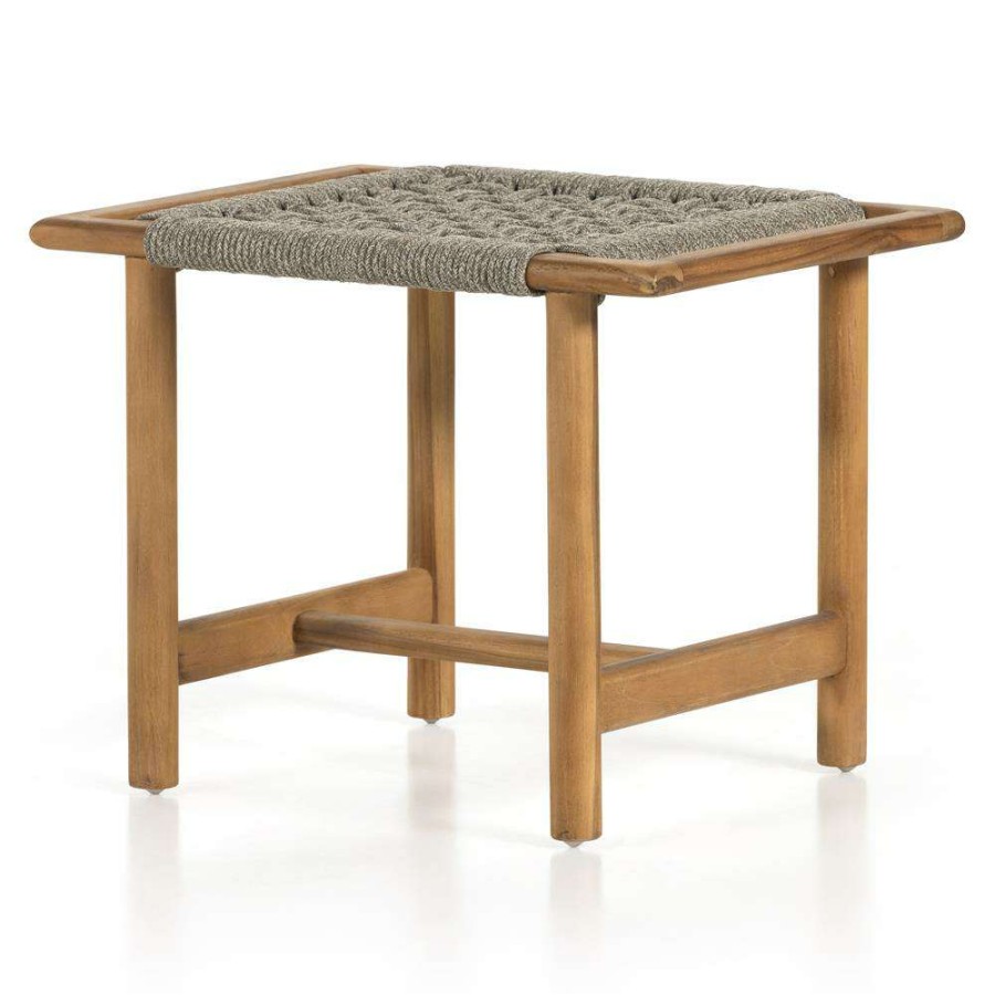 Outdoor * | Holly Coastal Beach Natural Teak Wood Grey Woven Seat Stool Reliable Quality