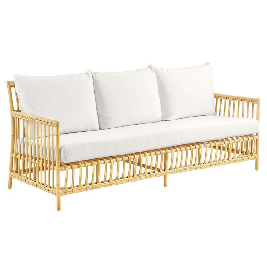 Outdoor * | Katelyn Coastal White Cushion Natural Faux Rattan Woven Outdoor Sofa 77.6 W Popular