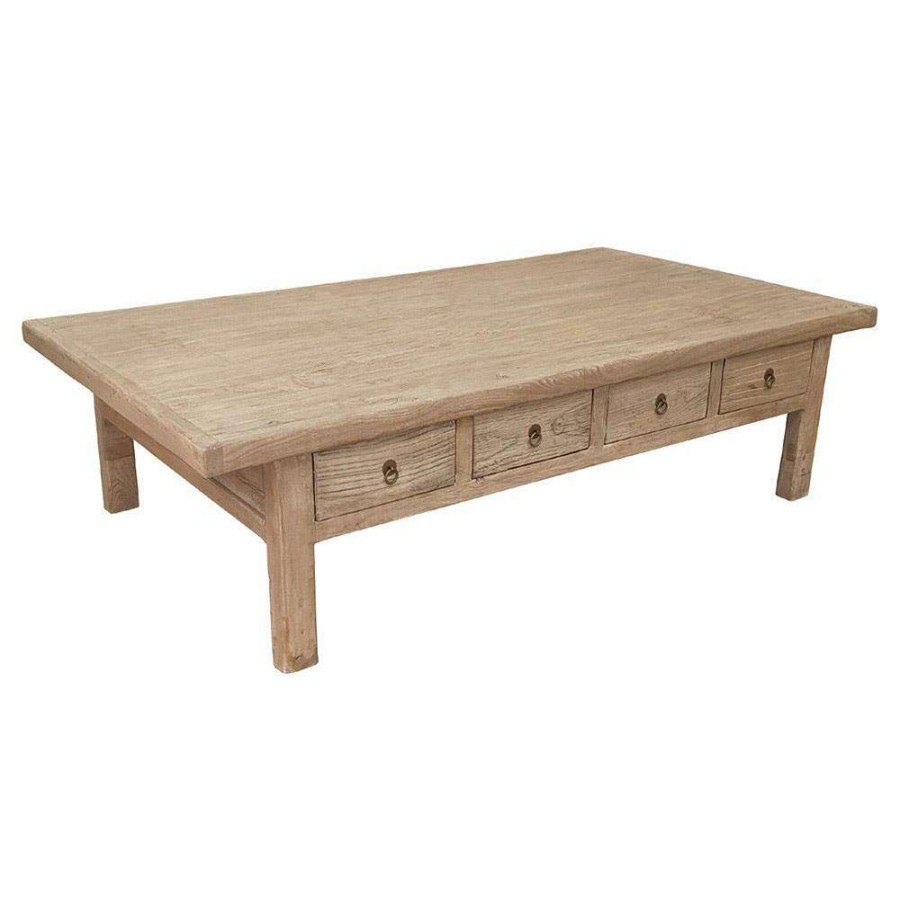 Furniture * | Ian Rustic Lodge Natural Bleached Elm Wood 8 Drawer Storage Coffee Table Best Choice