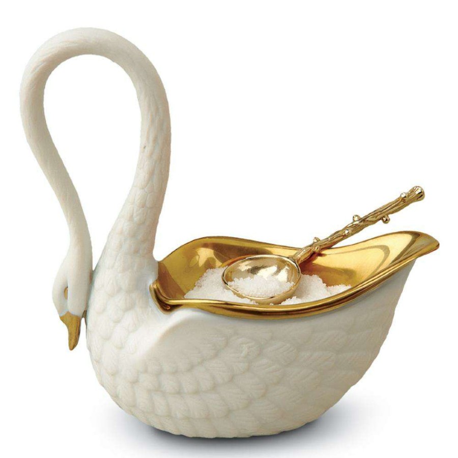 Dining & Bar * | L'Objet Swan Modern Classic White Porcelain Gold Accent Salt Cellar Discounts