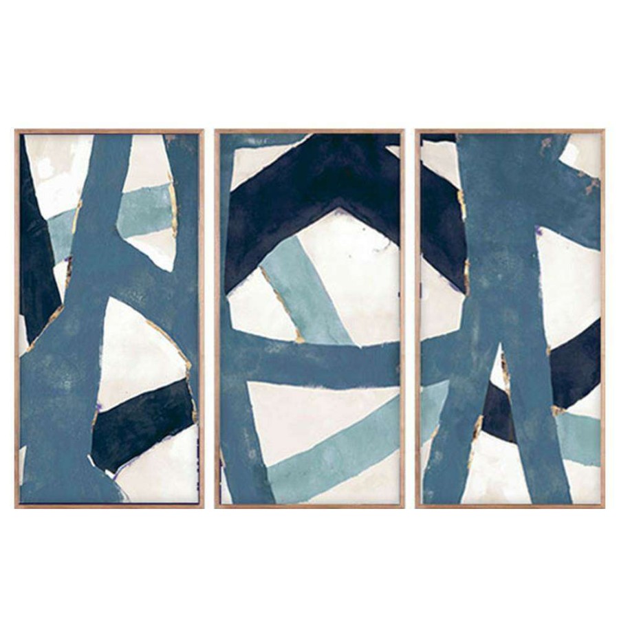 Art * | Zoe Bios Cream Blue Weave Triptych Abstract Walnut Frame Painting 24 48 Popular