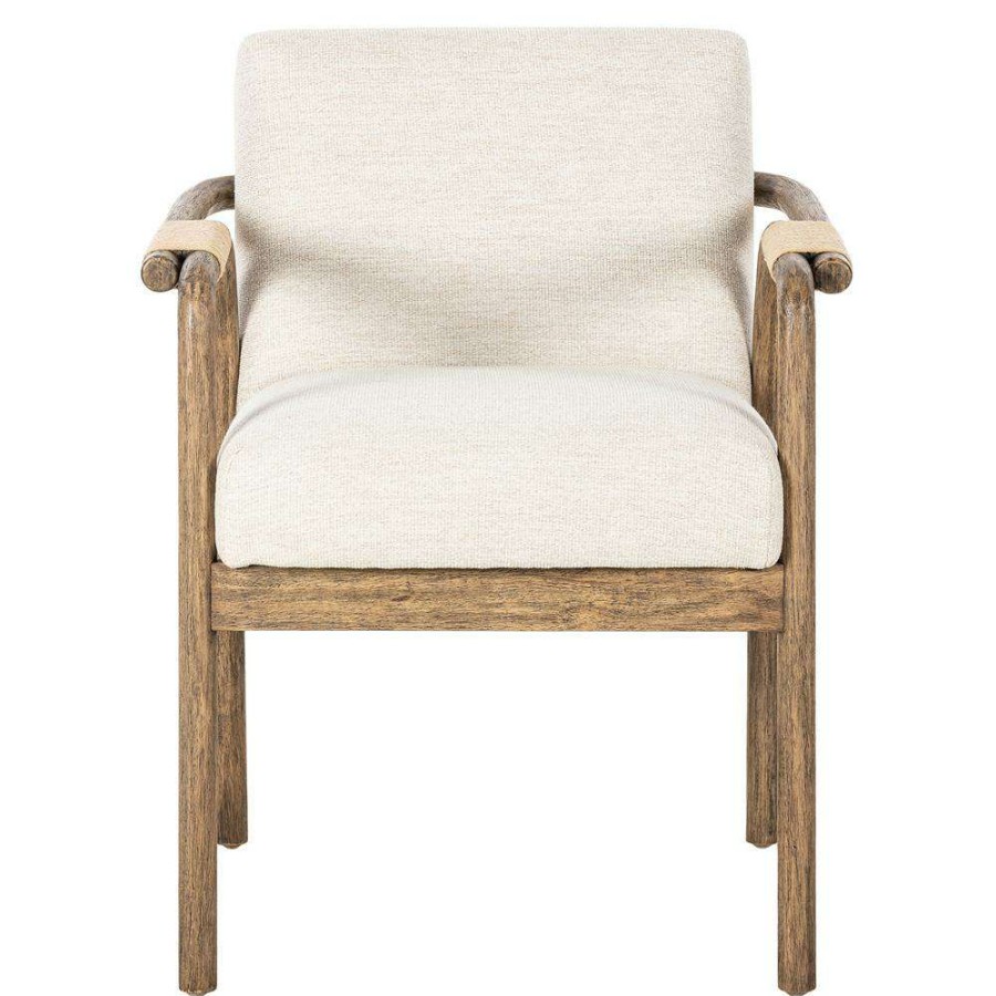 Furniture * | Eloise Coastal Beach Beige Upholstered Brown Wood Frame Dining Arm Chair Top Sell