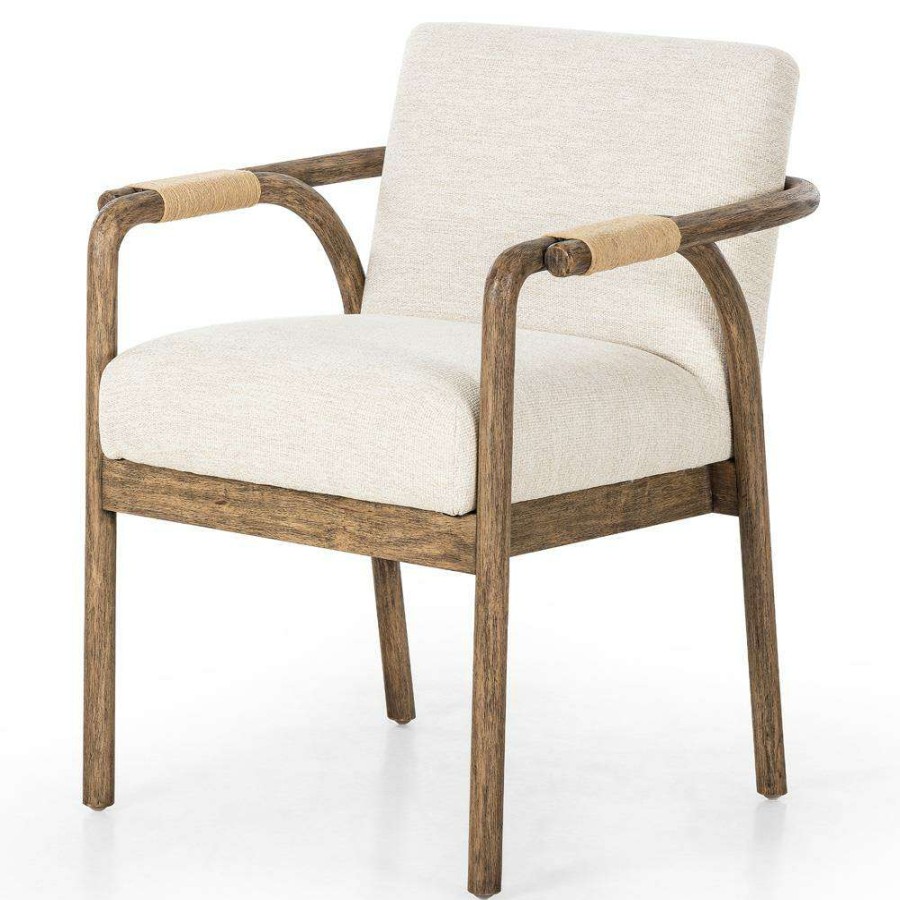 Furniture * | Eloise Coastal Beach Beige Upholstered Brown Wood Frame Dining Arm Chair Top Sell