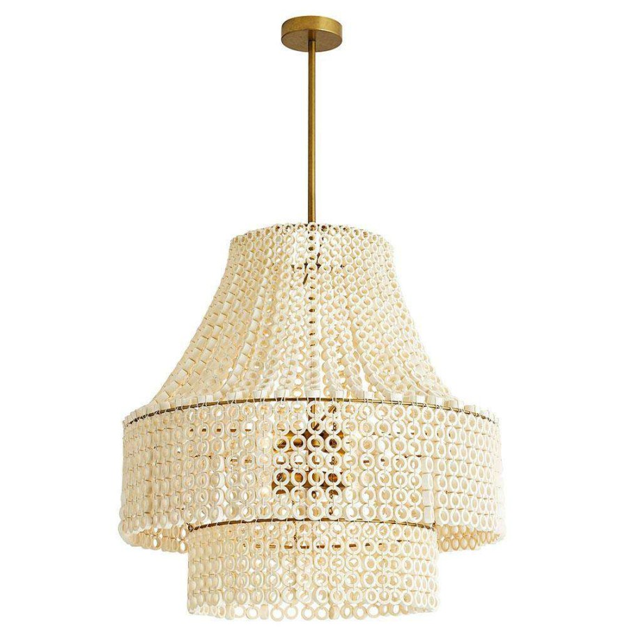 Lighting * | Arteriors Hannie Coastal Beach White Wood Beads Antique Brass Metal Chandelier Cheap