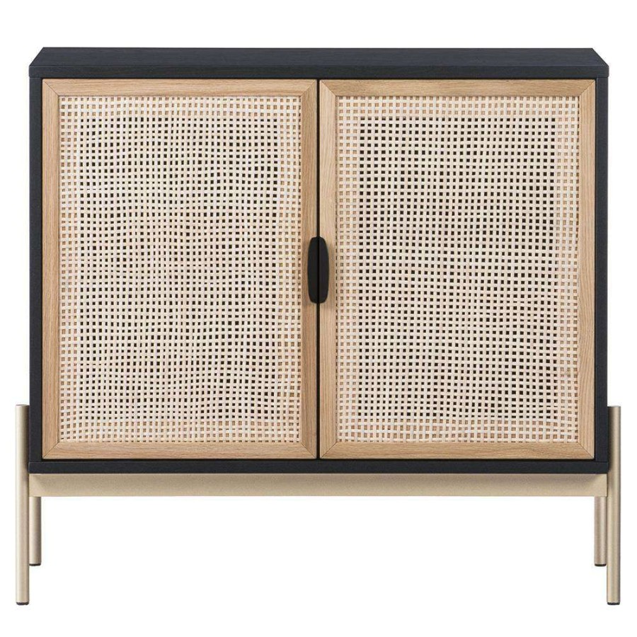 Furniture * | Sunpan Avida Coastal Beach Black Wood Natural Rattan 2 Door Sideboard Small Exactly Discount