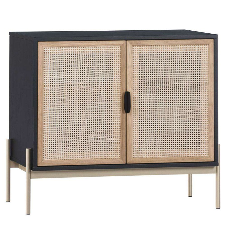 Furniture * | Sunpan Avida Coastal Beach Black Wood Natural Rattan 2 Door Sideboard Small Exactly Discount