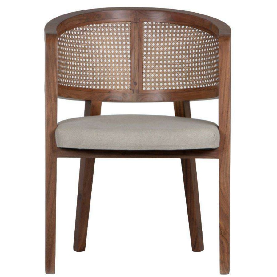 Furniture * | Open Box Nesty Mid Century Brown Acacia Wood White Linen Seat Low Cane Back Dining Chair Less Expensive