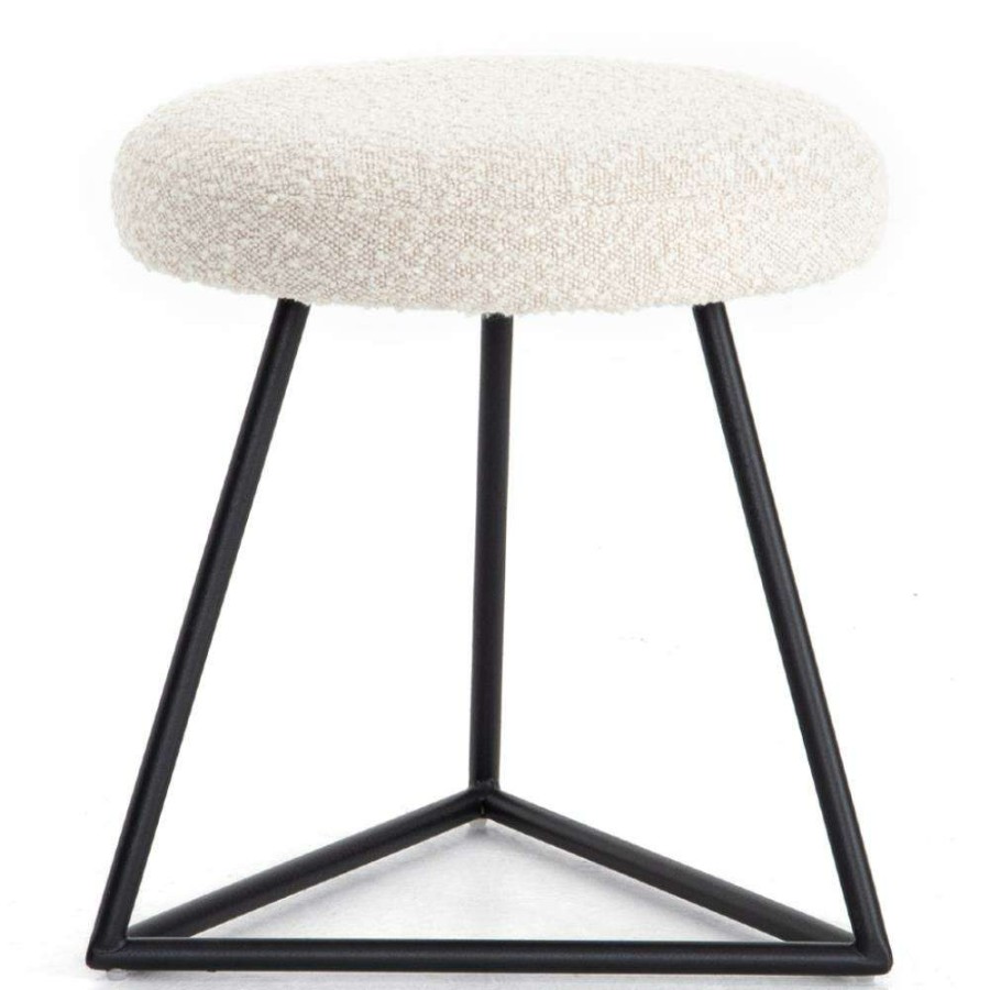 Furniture * | Farah Modern Classic White Upholstered Seat Cushion Black Iron Accent Stool Top Sell