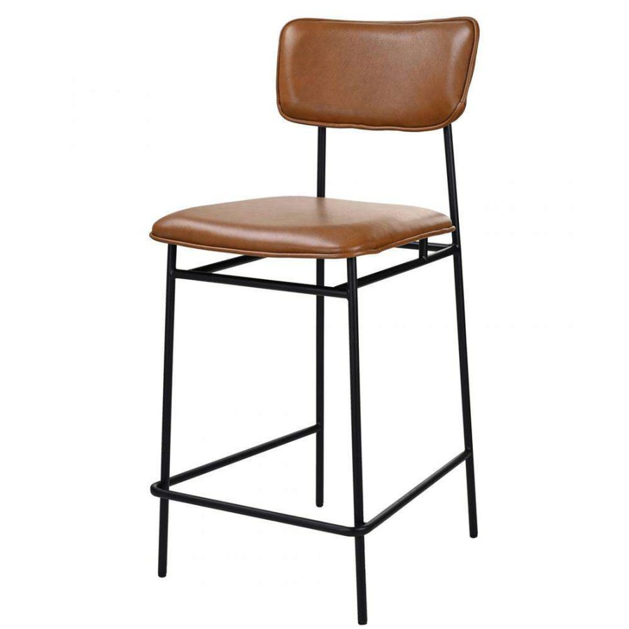 Furniture * | Aila Industrial Brown Upholstered Leather Black Metal Low Back Counter Stool Fire Sale