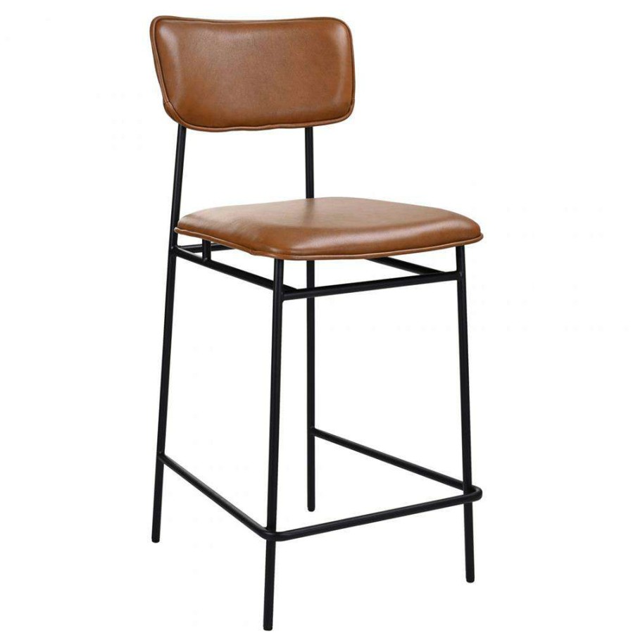 Furniture * | Aila Industrial Brown Upholstered Leather Black Metal Low Back Counter Stool Fire Sale