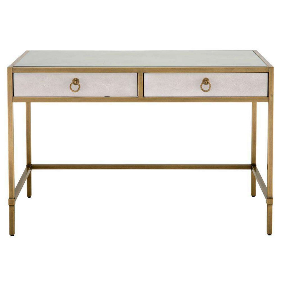 Furniture * | Simon Modern Classic White Shagreen Resin Brushed Gold Metal Desk New Arrivals