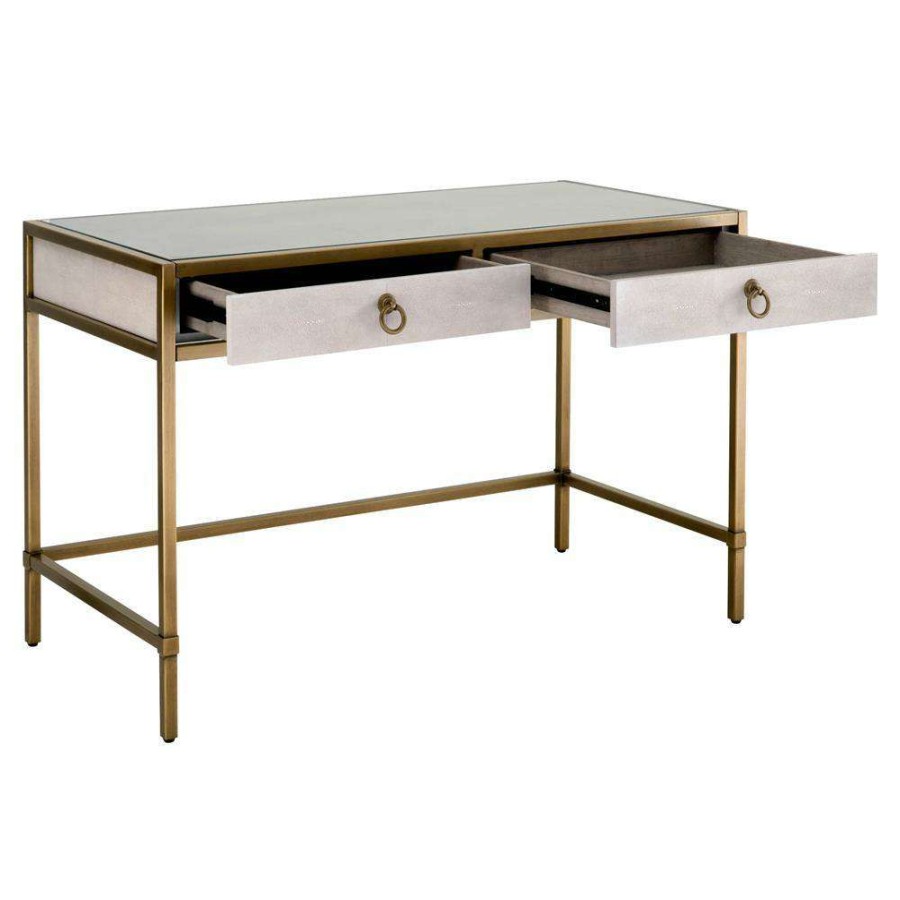 Furniture * | Simon Modern Classic White Shagreen Resin Brushed Gold Metal Desk New Arrivals