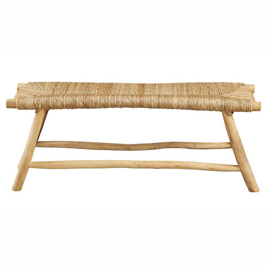 Furniture * | Addie Coastal Beach Beige Woven Seat Teak Wood Frame Dining Bench Discount