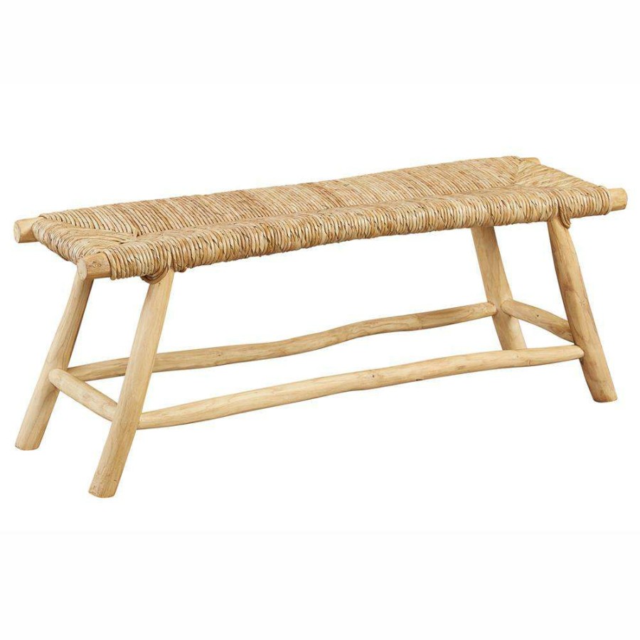 Furniture * | Addie Coastal Beach Beige Woven Seat Teak Wood Frame Dining Bench Discount