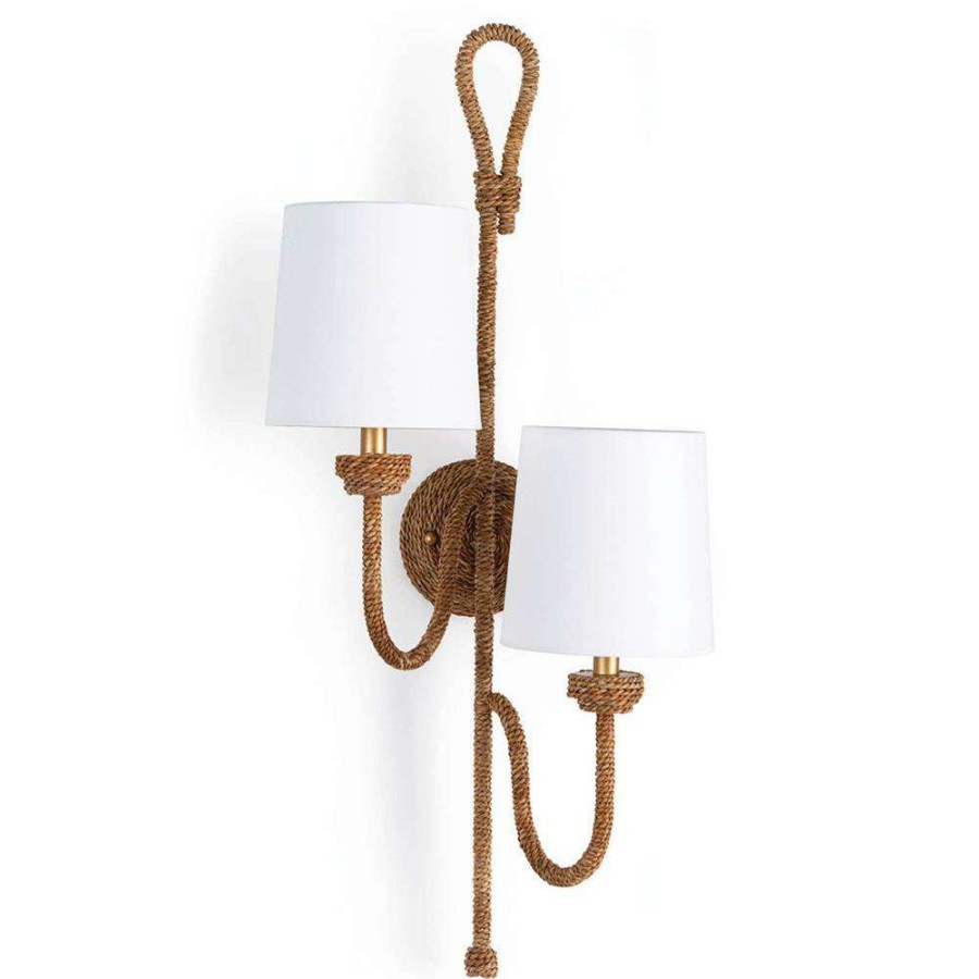 Lighting * | Regina Andrew Coastal Living Bimini Rattan White Linen Shade Double Armed Sconce High Quality