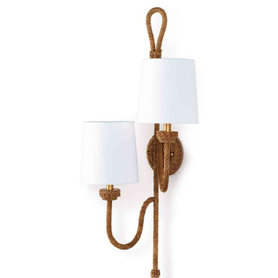 Lighting * | Regina Andrew Coastal Living Bimini Rattan White Linen Shade Double Armed Sconce High Quality