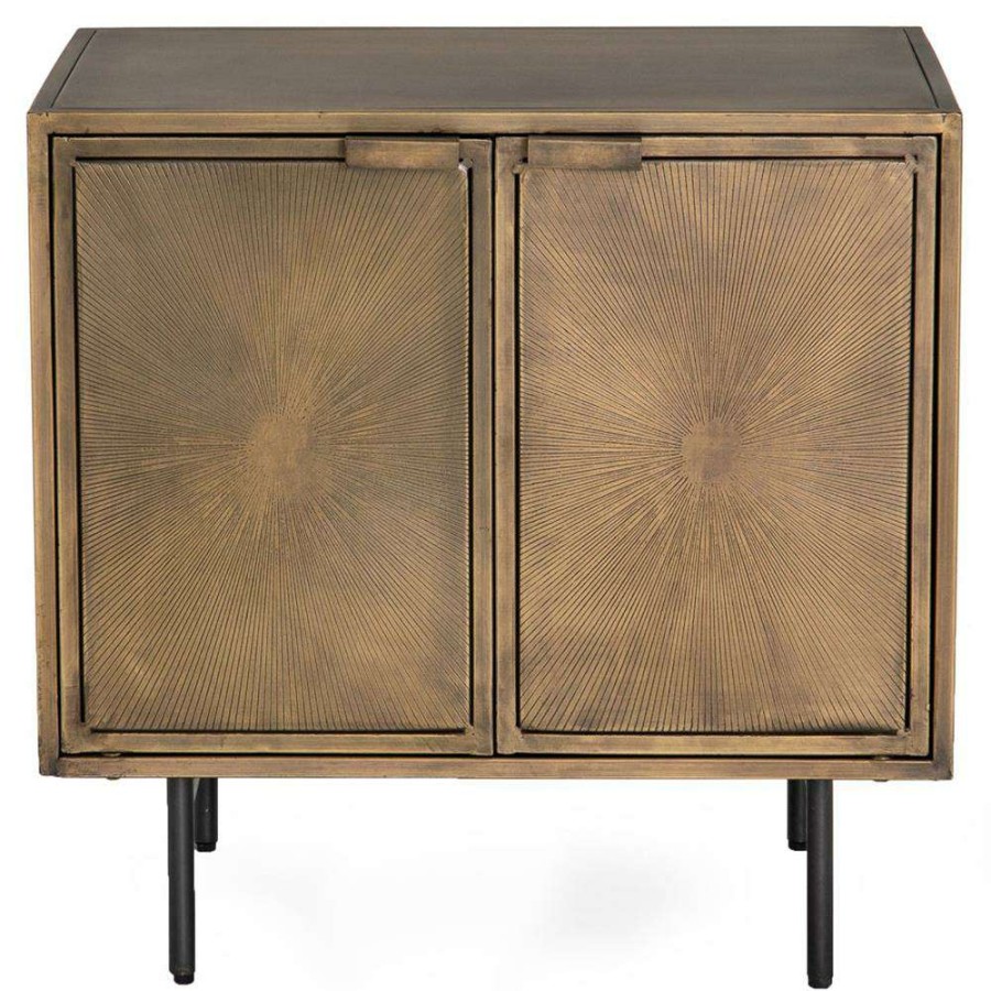 Furniture * | Karlin Industrial Loft Brass Gold Sunburst Patterned Iron 2 Door Nightstand Fire Sale