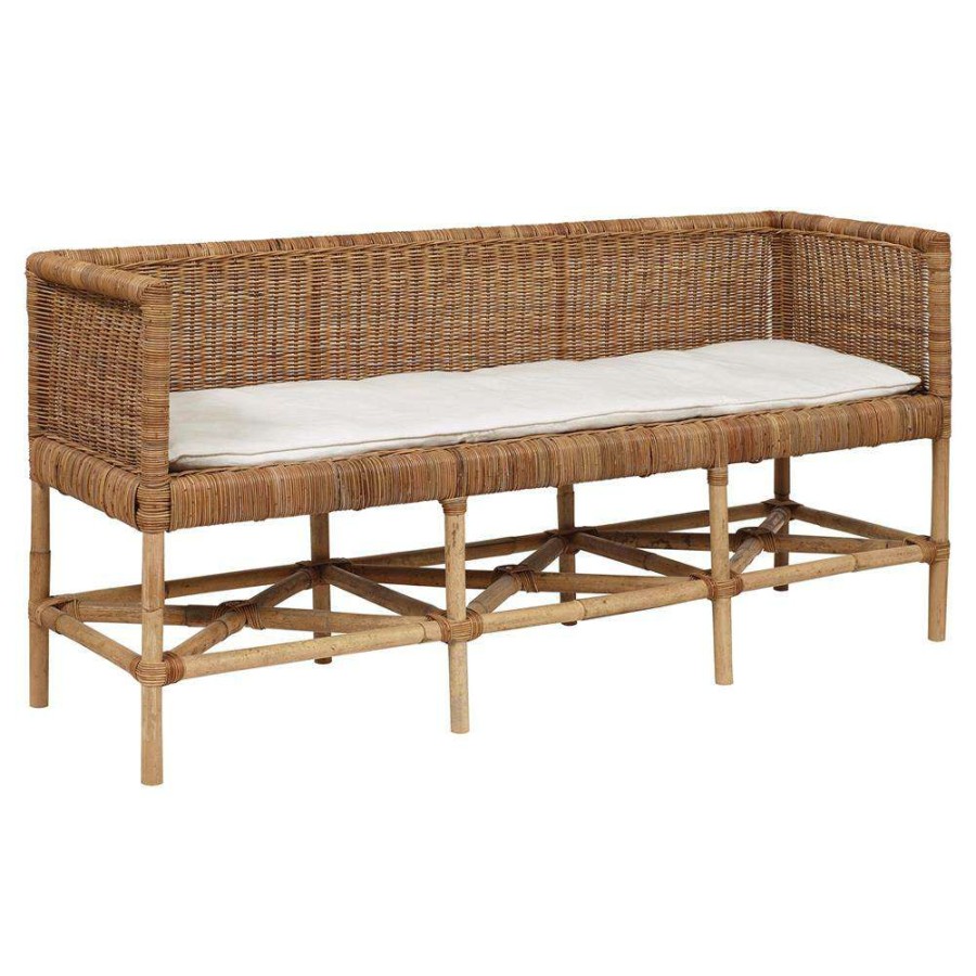 Furniture * | Luna Coastal Beach White Cushion Rattan Bench Less Expensive