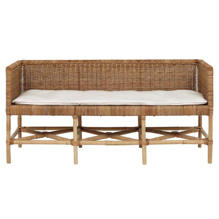 Furniture * | Luna Coastal Beach White Cushion Rattan Bench Less Expensive