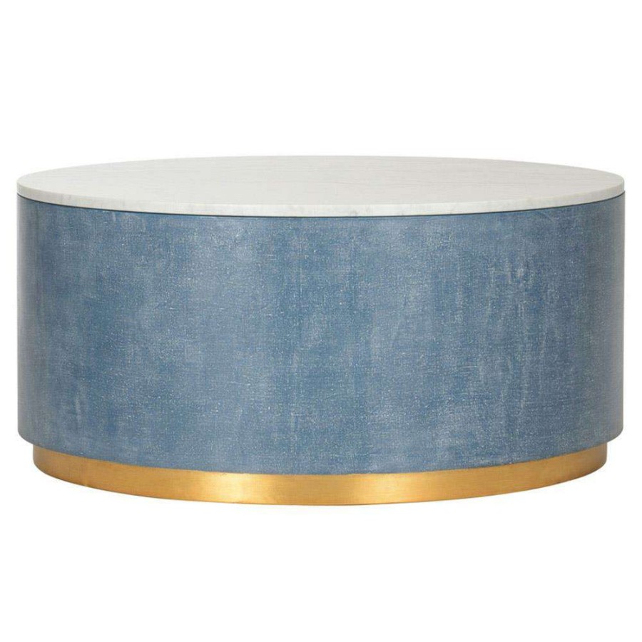 Furniture * | Chelsea House Horizon Hollywood Regency Blue Grasscloth White Marble Top Gold Accent Drum Coffee Table Free Delivery