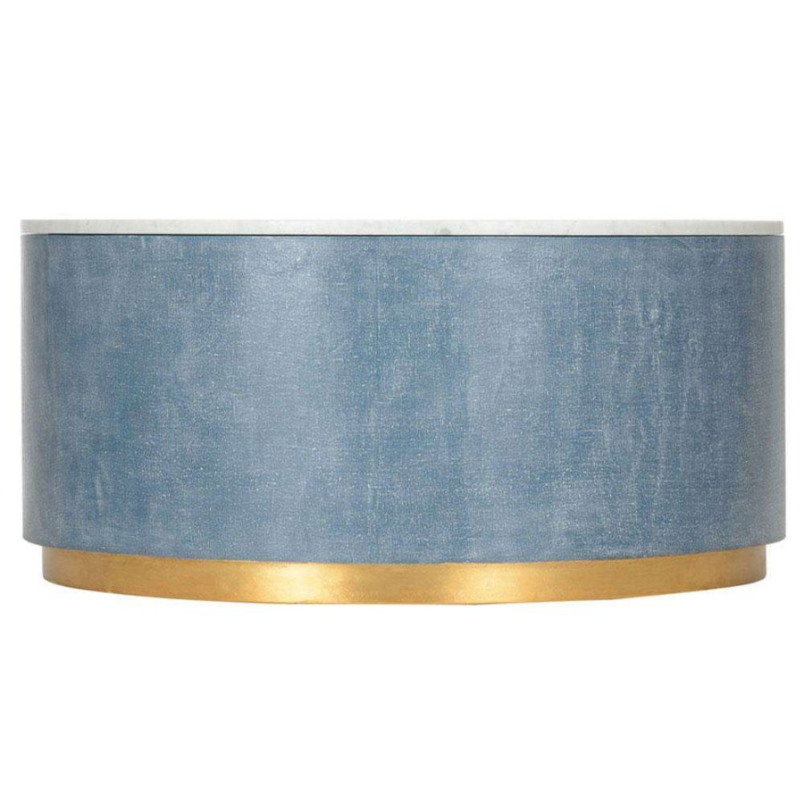 Furniture * | Chelsea House Horizon Hollywood Regency Blue Grasscloth White Marble Top Gold Accent Drum Coffee Table Free Delivery