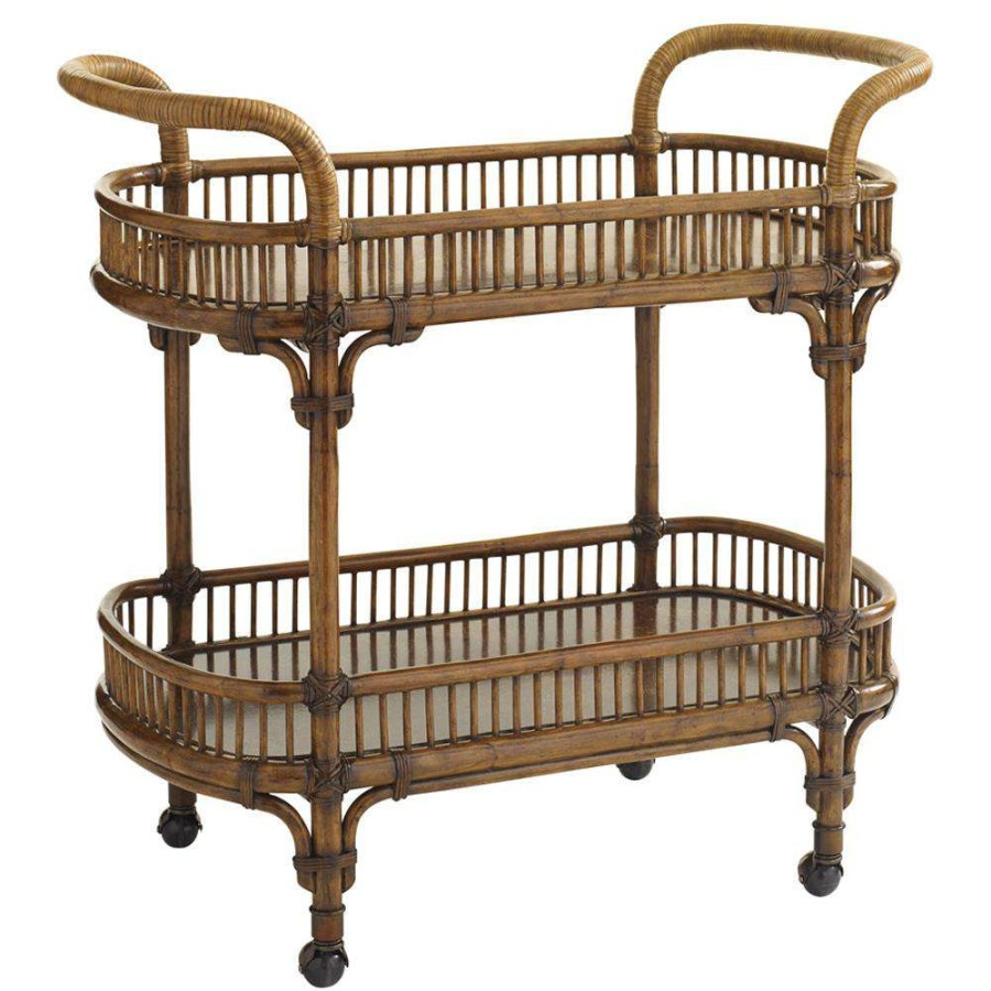 Furniture * | Tommy Bahama Veranda Coastal Caribbean Sunset Brown Wood Rattan Wrapped Bar Cart Discounts