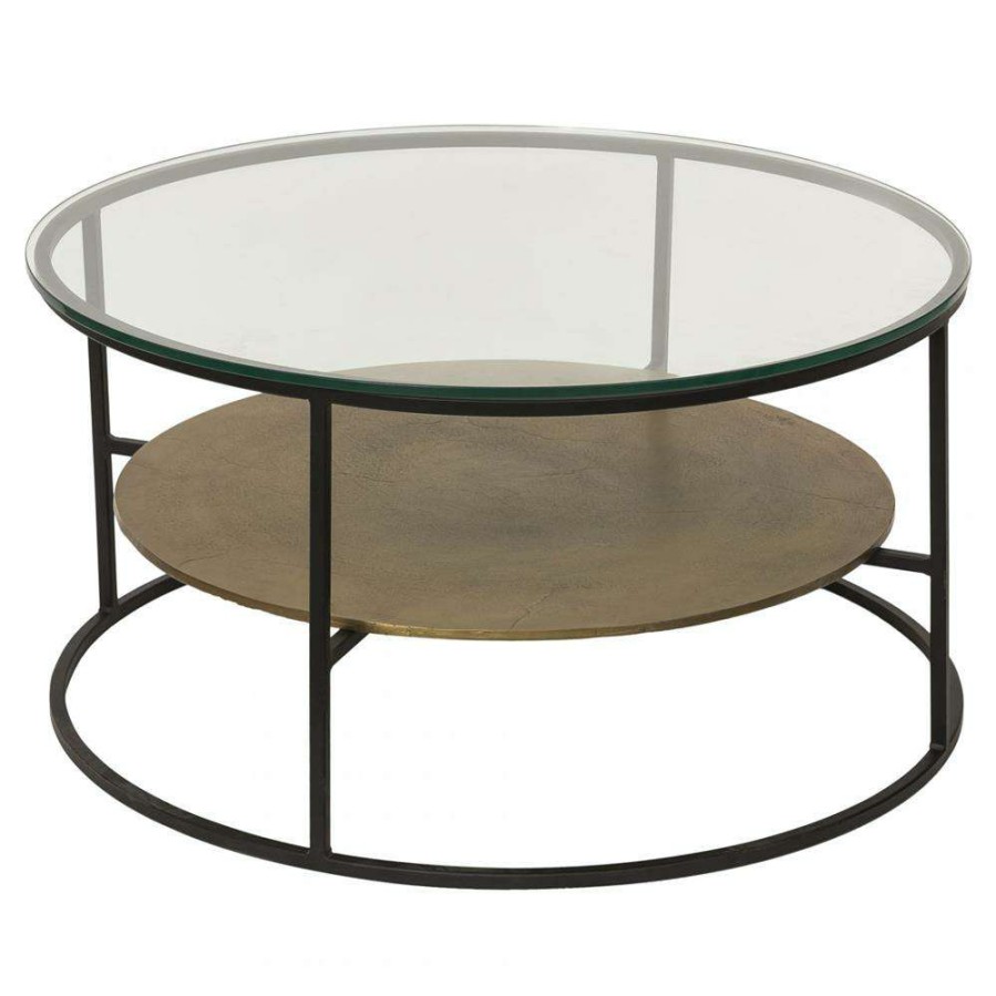 Furniture * | Tyson Industrial Clear Glass Top Black Metal Frame Round 2 Tier Coffee Table Cheap