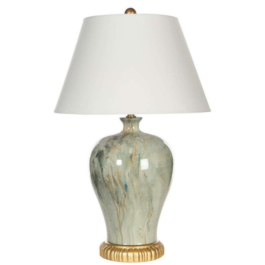 Lighting * | Winston Hollywood Regency Green Ceramic Gold Base Bedside Table Lamp Fire Sale