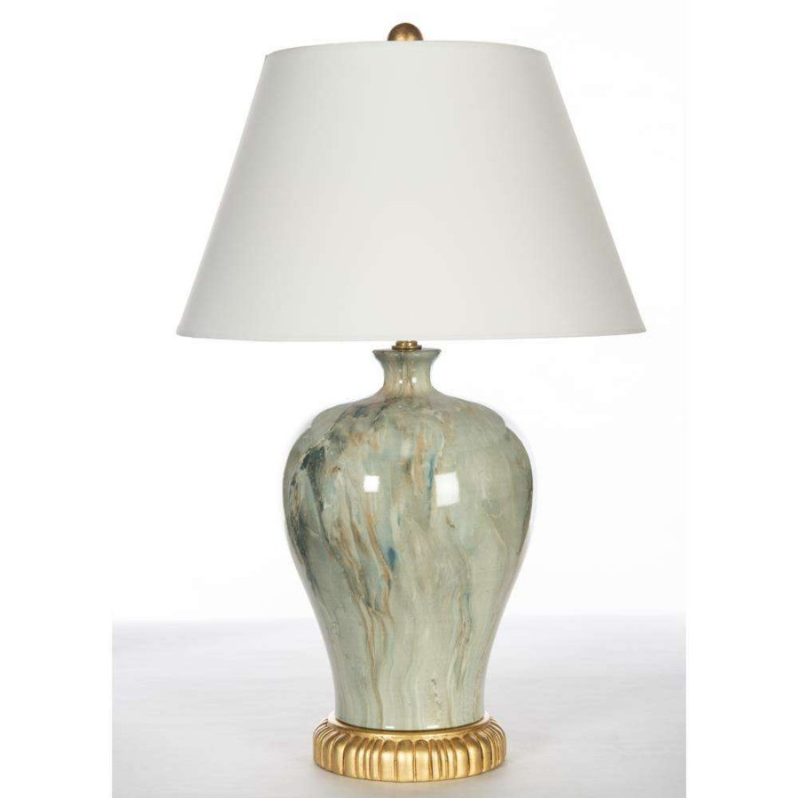 Lighting * | Winston Hollywood Regency Green Ceramic Gold Base Bedside Table Lamp Fire Sale