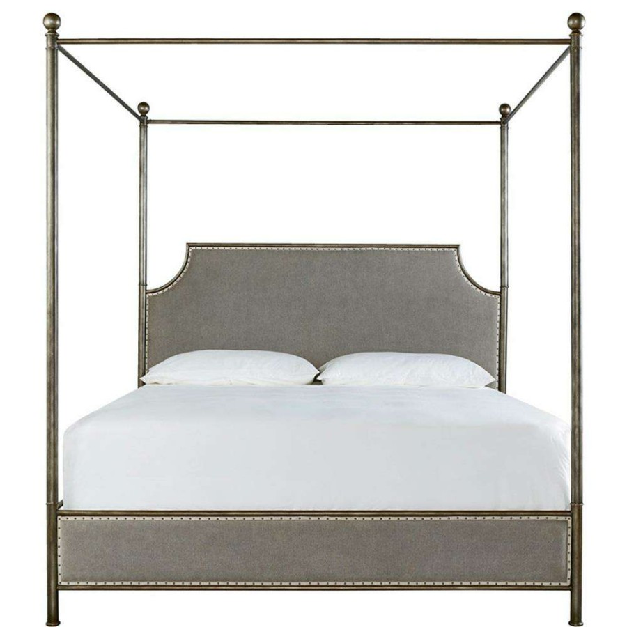 Furniture * | Arya French Grey Upholstered Bronze Metal Nailhead Trim Canopy Bed Queen Less Expensive