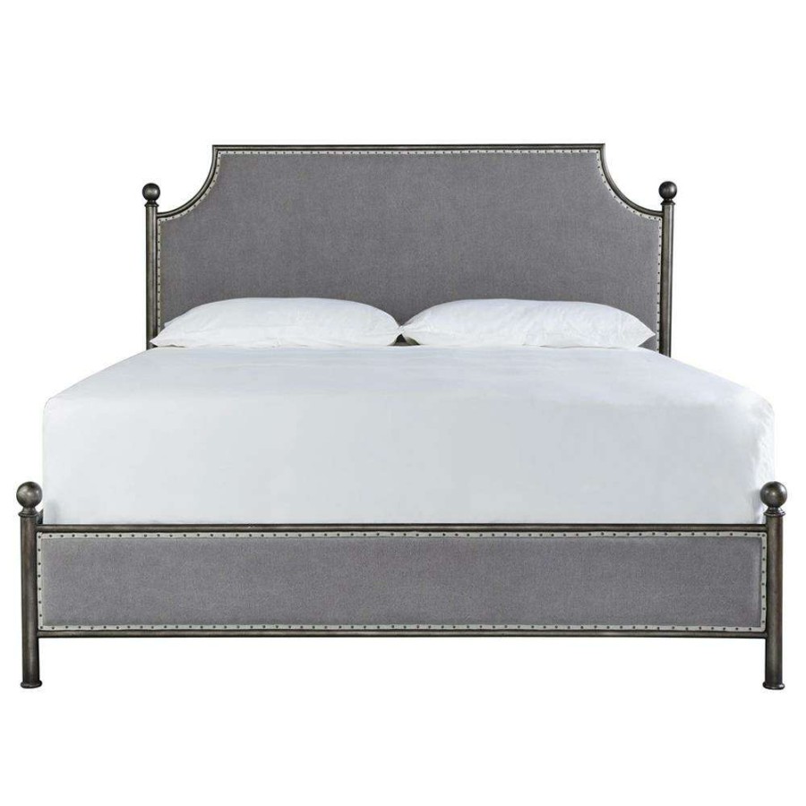 Furniture * | Arya French Grey Upholstered Bronze Metal Nailhead Trim Canopy Bed Queen Less Expensive