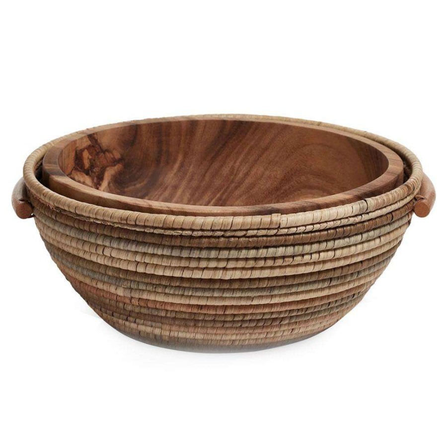 Dining & Bar * | Lilian Coastal Beach Natural Brown Handwoven Acacia Wood Round Serving Bowl Reliable Quality