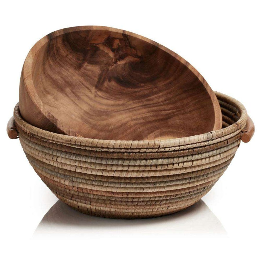 Dining & Bar * | Lilian Coastal Beach Natural Brown Handwoven Acacia Wood Round Serving Bowl Reliable Quality