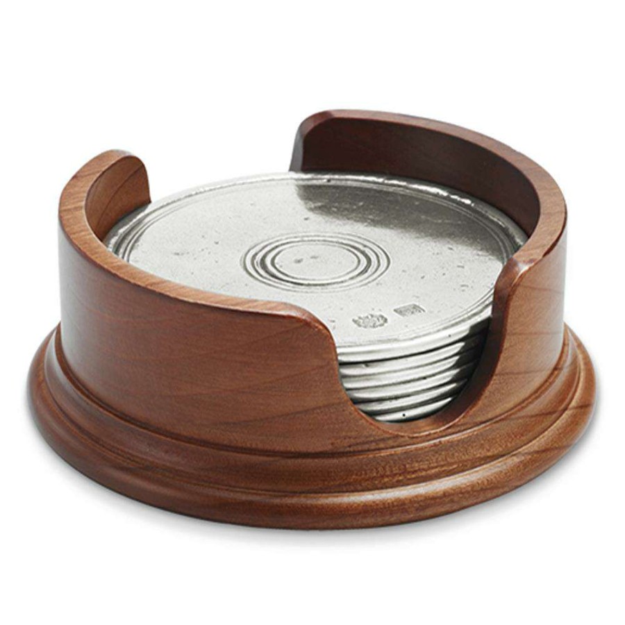 Dining & Bar * | Match Modern Pewter Coaster With Wood Holder Set Of 6 Popular