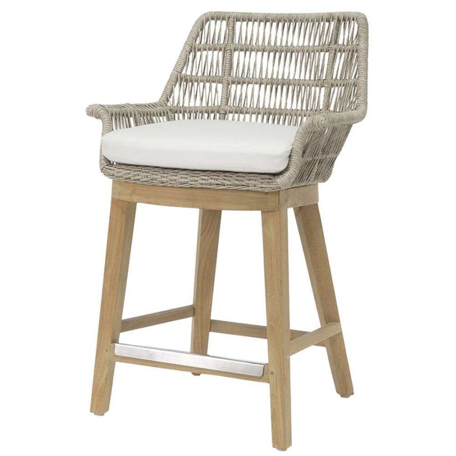 Outdoor * | Palecek Loretta Coastal Grey Woven Teak White Cushion Outdoor Counter Stool Less Expensive