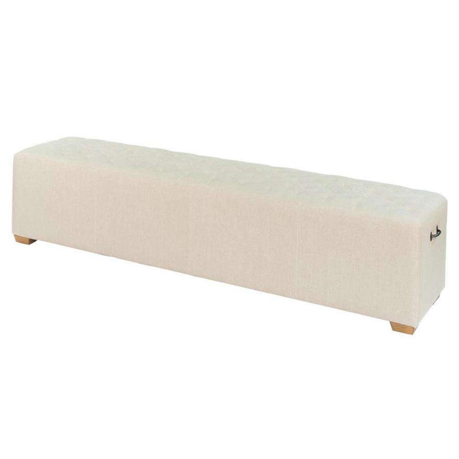 Furniture * | Danique French Country Tufted Beige Linen Upholstered Oak Frame Bench Less Expensive