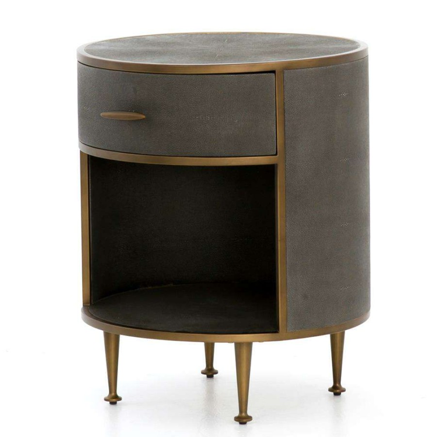 Furniture * | Ena Mid Century Grey Shagreen Wrapped Brass Accent Round Nightstand Top Sell