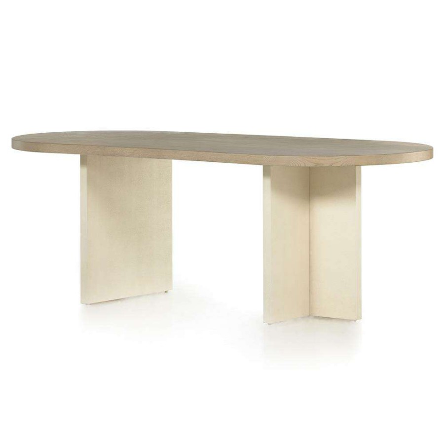 Furniture * | Cline Mid Century Cream Faux Shagreen Natural Brown Wood Oval Dining Table 94 W Best Quality