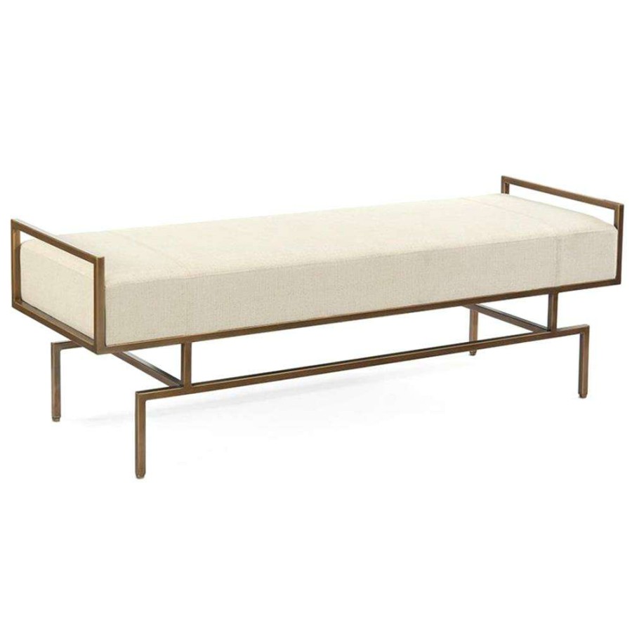 Furniture * | John-Richard Modern Classic Beige Upholstered Cushion Antique Gold Metal Bench Promotion