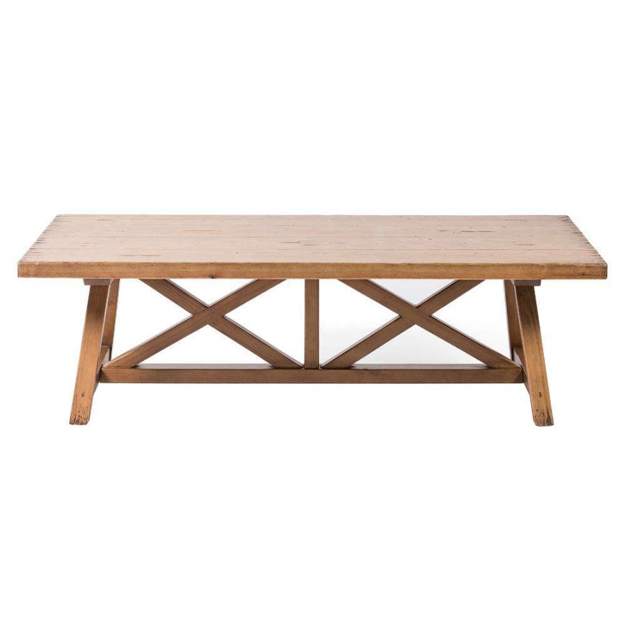 Furniture * | Franze Rustic Lodge Brown Pine Wood X Base Rectangular Classic Coffee Table Less Expensive