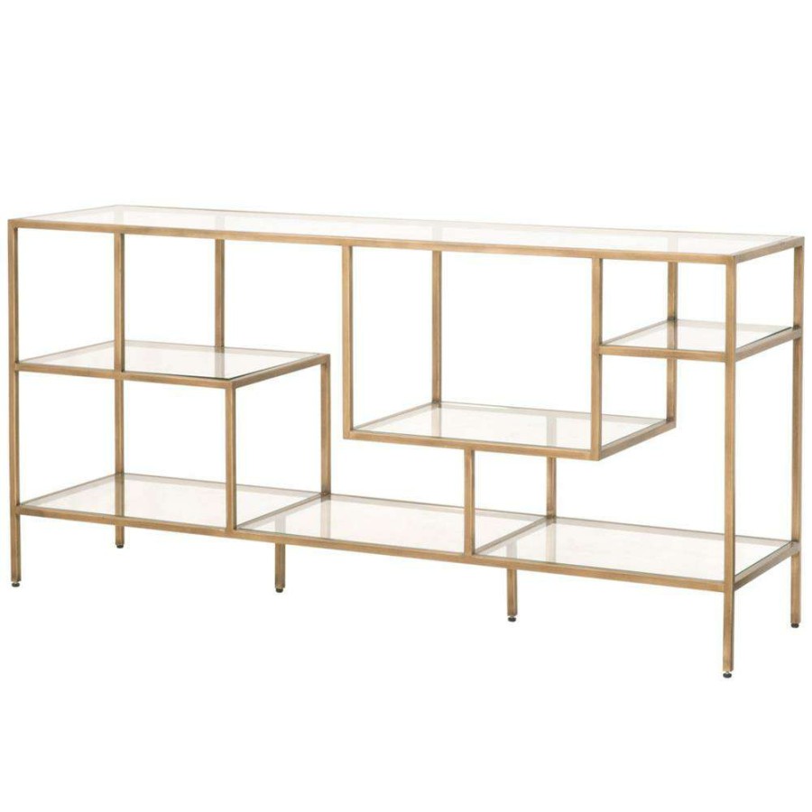 Furniture * | Ava Modern Classic Clear Tempered Glass Shelves Gold Brass Low Bookcase Best Sale