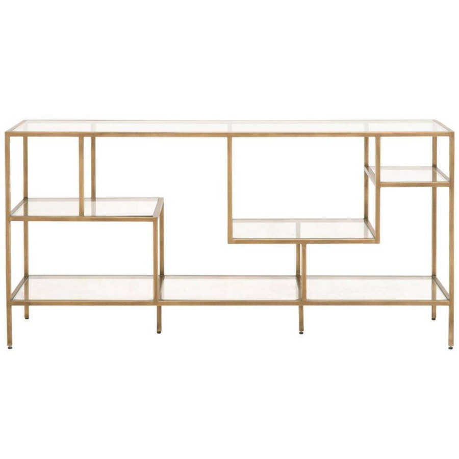 Furniture * | Ava Modern Classic Clear Tempered Glass Shelves Gold Brass Low Bookcase Best Sale