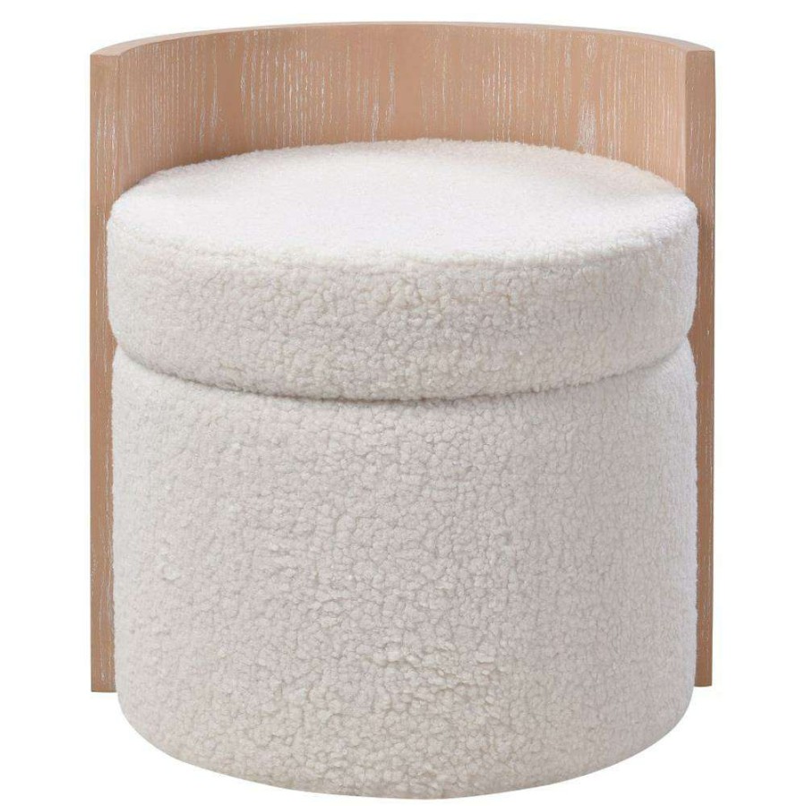 Furniture * | Dante Rustic Lodge White Upholstered Boucle Brown Wood Swivel Round Stool High Quality