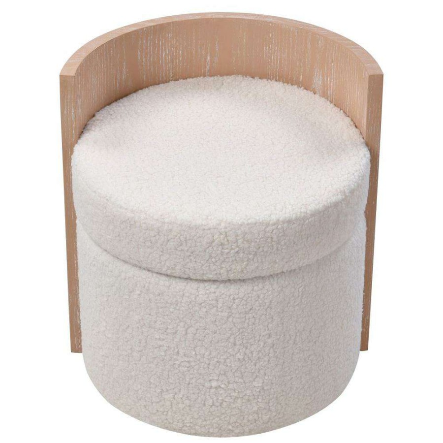 Furniture * | Dante Rustic Lodge White Upholstered Boucle Brown Wood Swivel Round Stool High Quality