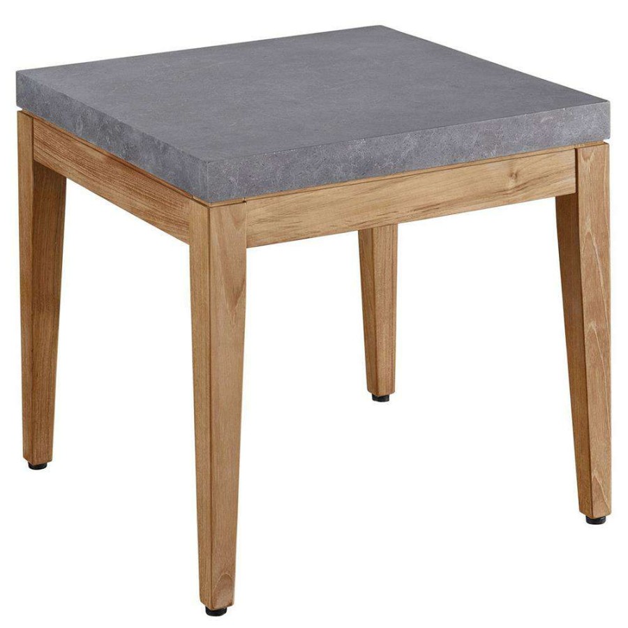 Outdoor * | Dahliah Coastal Grey Composite Stone Natural Teak Square Outdoor Side Table Fire Sale