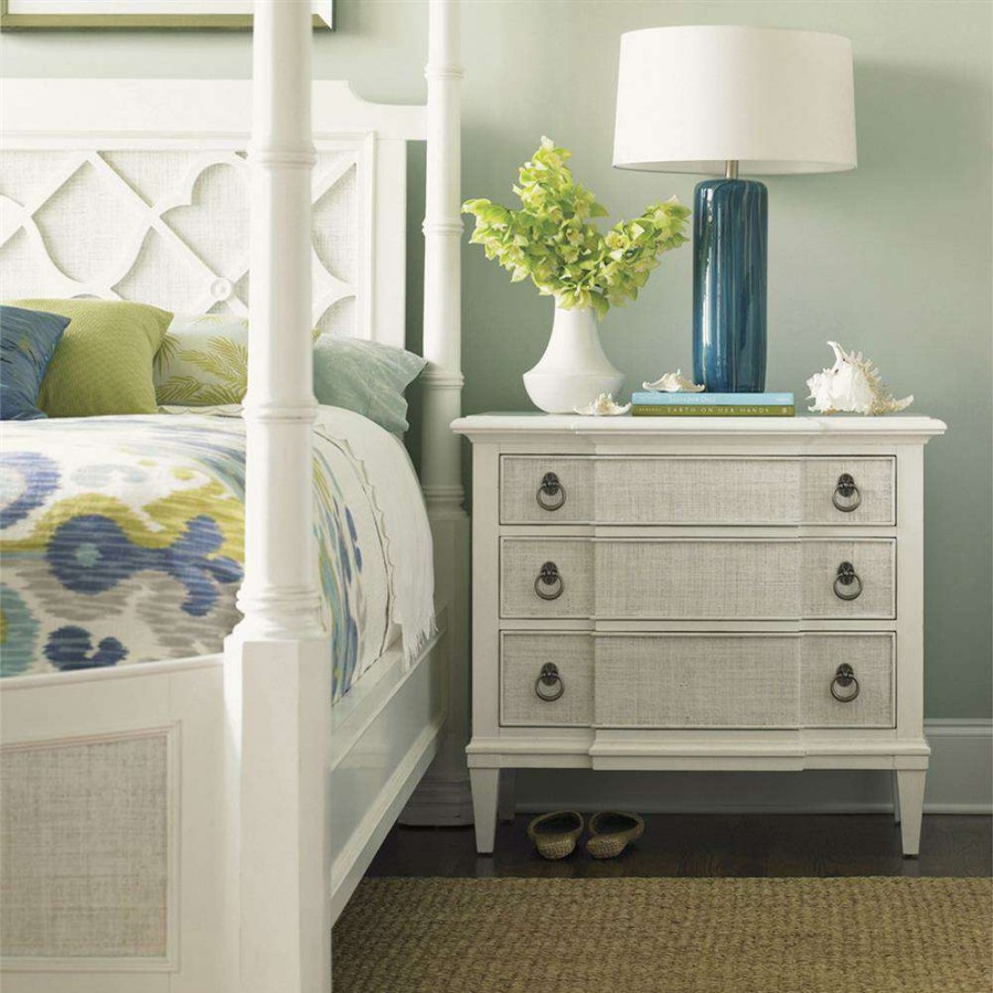 Furniture * | Tommy Bahama Tuckers Point Coastal Beach Raffia Wrapp 3 Drawer White Nightstand Less Expensive